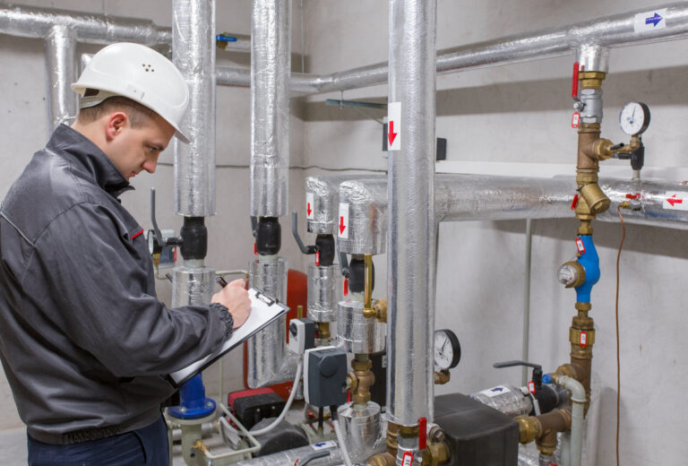 Engineer in a hard hat inspecting industrial piping systems and taking notes on a clipboard.